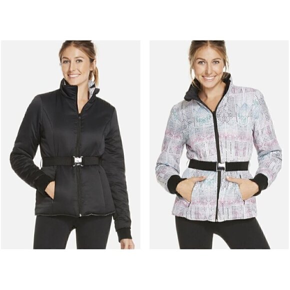 Fabletics Medusa Reversible Belted Puffer Jacket Black/Arctic Print Size XL NWT - Picture 1 of 12